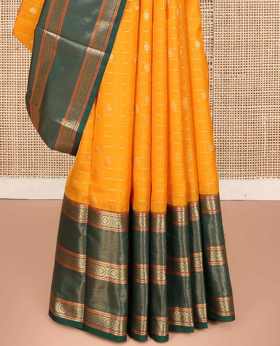 Orange Vasundhara Lite Silk Mix Saree, Artfully Detailed with Zari Buttas Enclosed Checks on Its Body, Complemented by a Contrast Border of Poo Chakram Designs, Intricately Designed Jaal Pallu, and Paired with a Contrast Blouse - Image 4