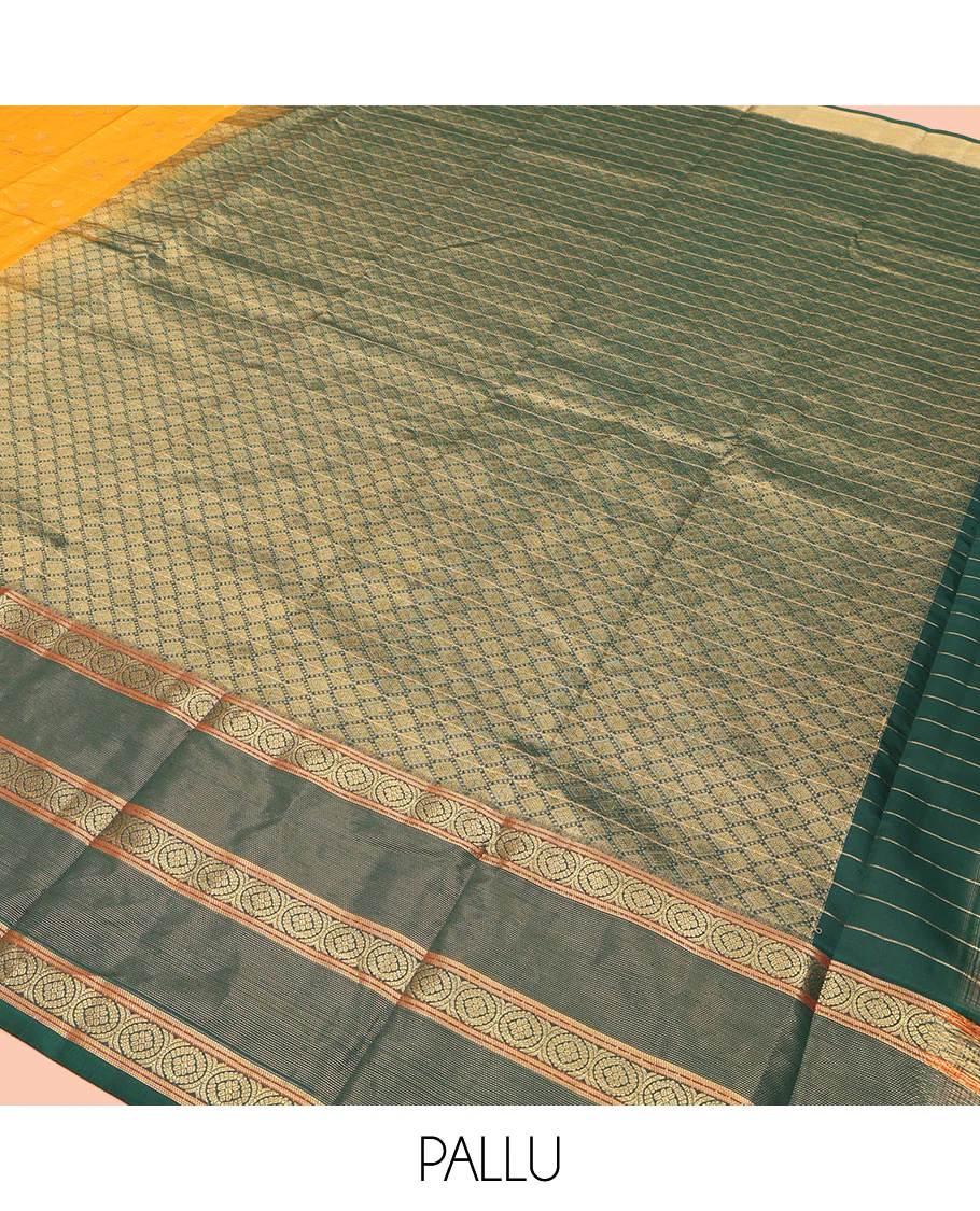 Orange Vasundhara Lite Silk Mix Saree, Artfully Detailed with Zari Buttas Enclosed Checks on Its Body, Complemented by a Contrast Border of Poo Chakram Designs, Intricately Designed Jaal Pallu, and Paired with a Contrast Blouse - Image 5