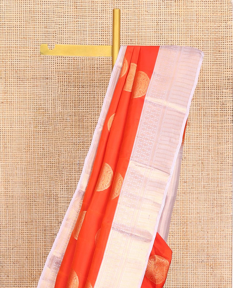 Orange Vasundhara Lite-Silk Mix Saree, Embellished with Chakram Zari Buttas All Over Its Body, Complemented by a Contrast Border of Rekku, Rudraksham, Neli, and Kathir Designs, Artfully Decked Up Pallu of Kathir Designs, and Paired with a Contrast Blouse - Image 2