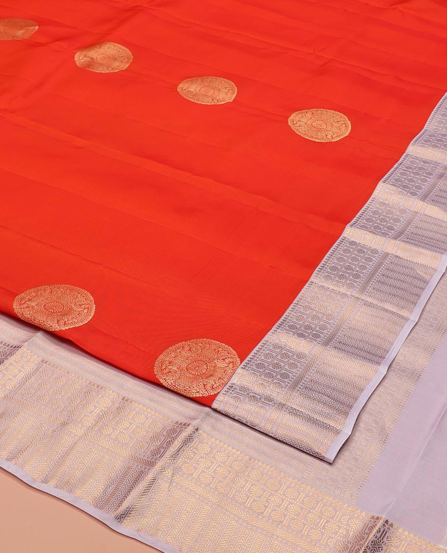 Orange Vasundhara Lite-Silk Mix Saree, Embellished with Chakram Zari Buttas All Over Its Body, Complemented by a Contrast Border of Rekku, Rudraksham, Neli, and Kathir Designs, Artfully Decked Up Pallu of Kathir Designs, and Paired with a Contrast Blouse - Image 3