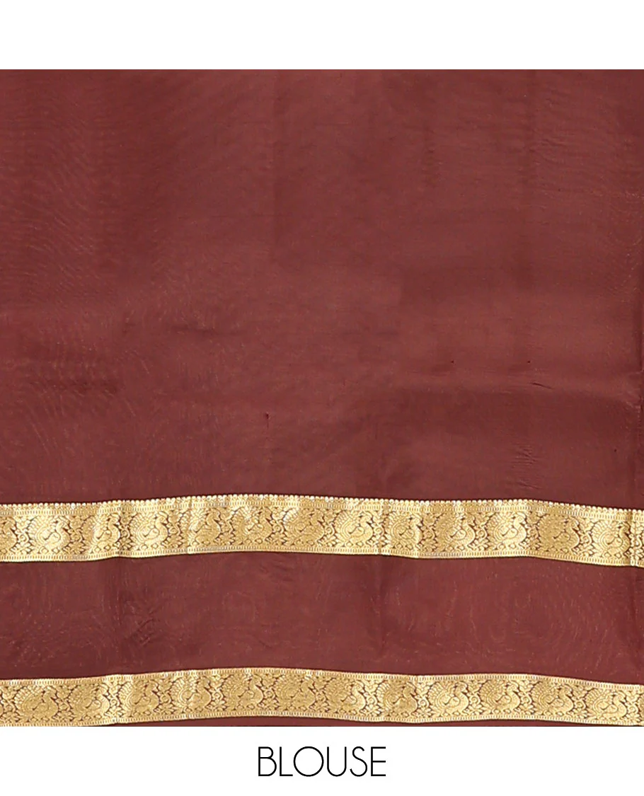 Orange Vasundhara Lite Silk Mix Saree, Embellished with Zari Butta Enclosed Checks on Its Body, Complemented by a Contrast Rettai Pettu Border of Mayil Designs, Pallu Steeped with Peaock Feather-Like Designs, and Paired with a Contrast Blouse - Image 6