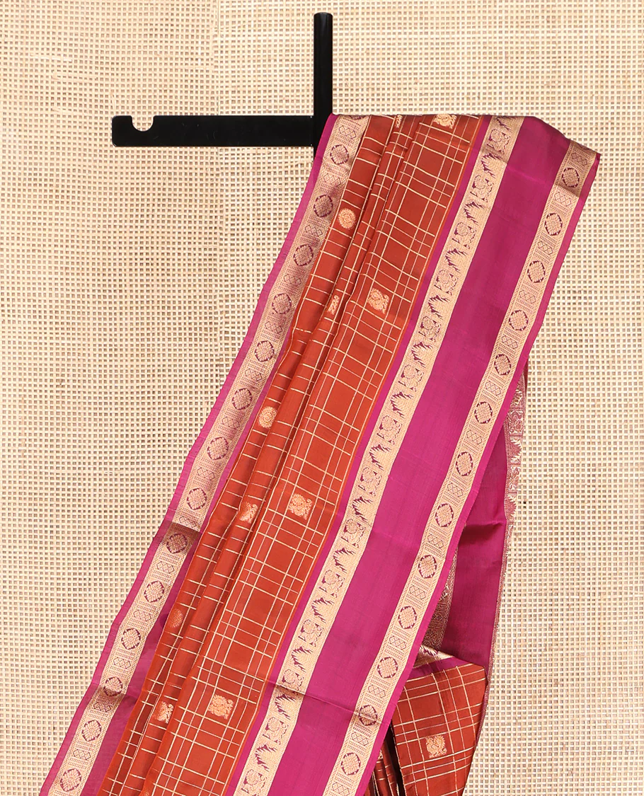 Orange Vasundhara Lite Silk Mix Saree, Enriched with Mayil-Chakram Butta Enclosed Checks, Complemented by Contrast Rettai Pettu Border of Mayil, Thazampoo Rekku, and Laddu Kamalam Designs, Geometric Patterned Pallu, and Paired with a Contrast Blouse - Image 3