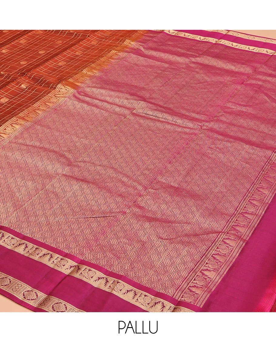 Orange Vasundhara Lite Silk Mix Saree, Enriched with Mayil-Chakram Butta Enclosed Checks, Complemented by Contrast Rettai Pettu Border of Mayil, Thazampoo Rekku, and Laddu Kamalam Designs, Geometric Patterned Pallu, and Paired with a Contrast Blouse - Image 5