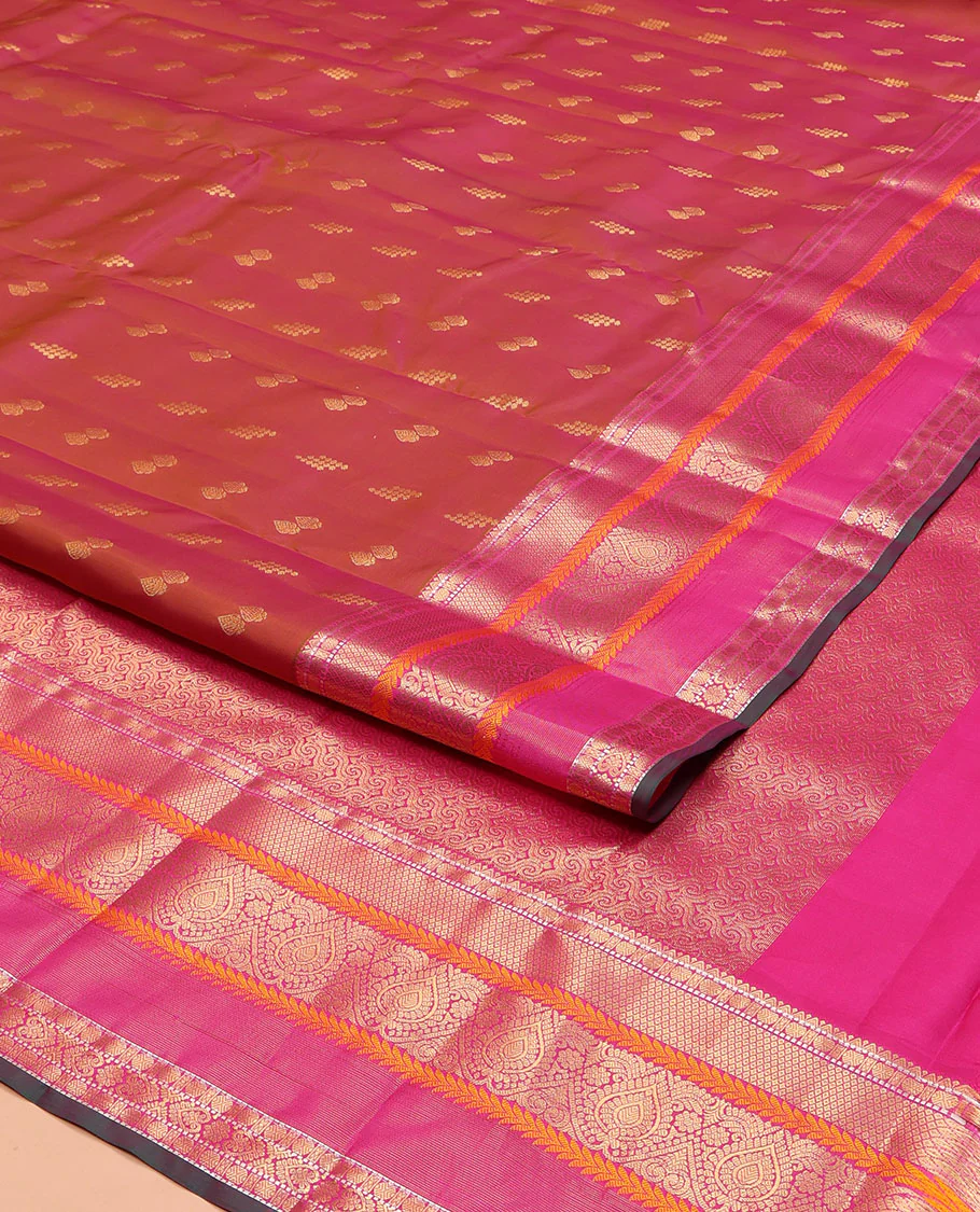 Orange Vasundhara Lite Silk Mix Saree, Graced with Zari Buttas, Complemented by a Contrast Border of Rekku, Rudraksham, Mayil Kann, Kathir, Jada Nagam, and Thilakam Designs, Intricately Designed Pallu, and Paired with a Contrast Blouse - Image 2