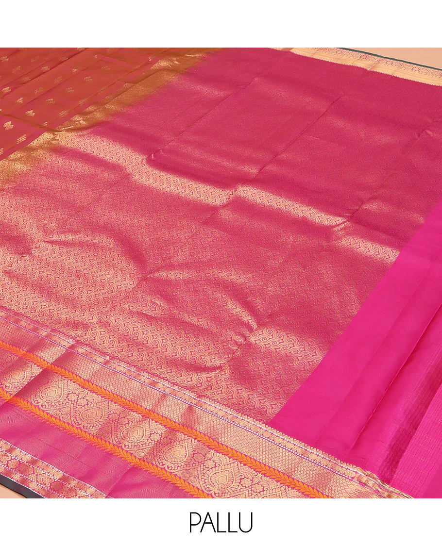 Orange Vasundhara Lite Silk Mix Saree, Graced with Zari Buttas, Complemented by a Contrast Border of Rekku, Rudraksham, Mayil Kann, Kathir, Jada Nagam, and Thilakam Designs, Intricately Designed Pallu, and Paired with a Contrast Blouse - Image 5