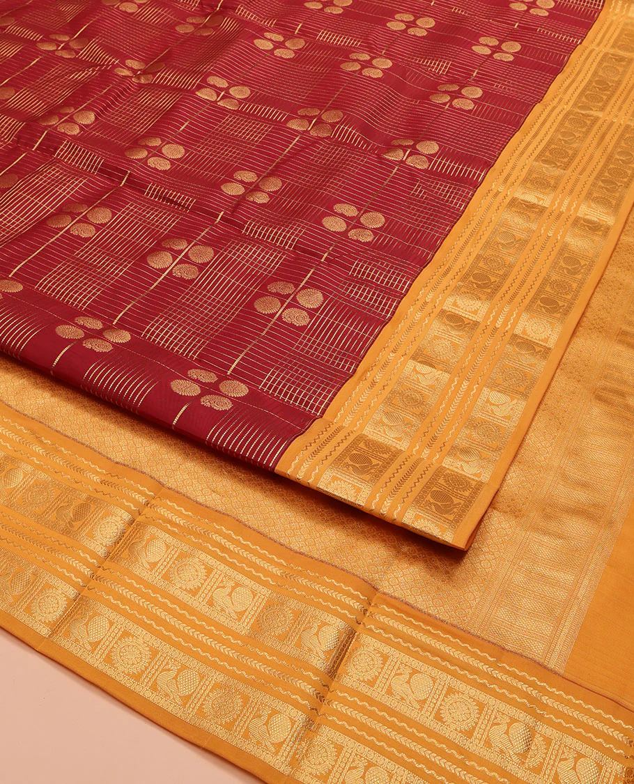 Orange Vasundhara Lite Silk Mix Saree, Majestically Detailed with Zari Butta Enclosed Checked Design on Its Body, Complemented by a Contrast Border of Neli, Kathir, Mayil, and Chakram Designs, Intricately Designed Pallu, and Paired with a Contrast Blouse - Image 2