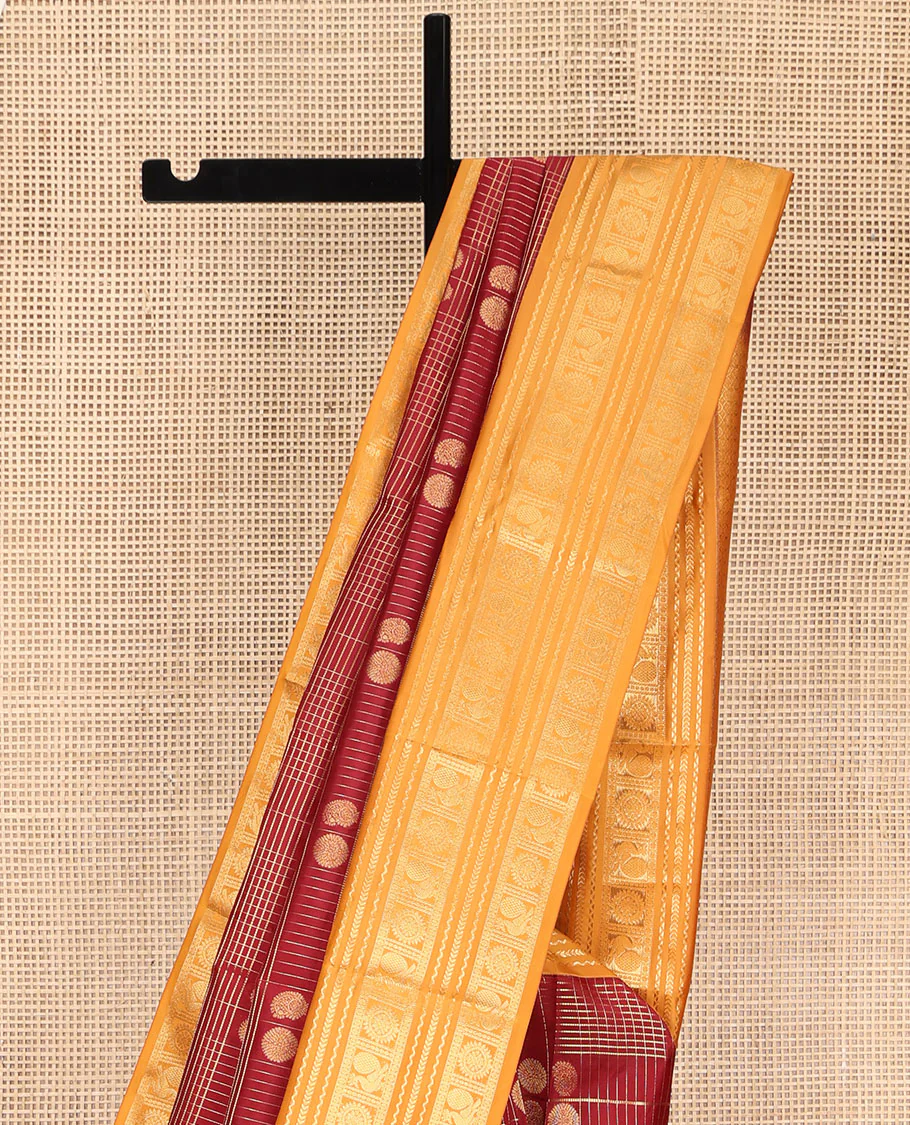 Orange Vasundhara Lite Silk Mix Saree, Majestically Detailed with Zari Butta Enclosed Checked Design on Its Body, Complemented by a Contrast Border of Neli, Kathir, Mayil, and Chakram Designs, Intricately Designed Pallu, and Paired with a Contrast Blouse - Image 3