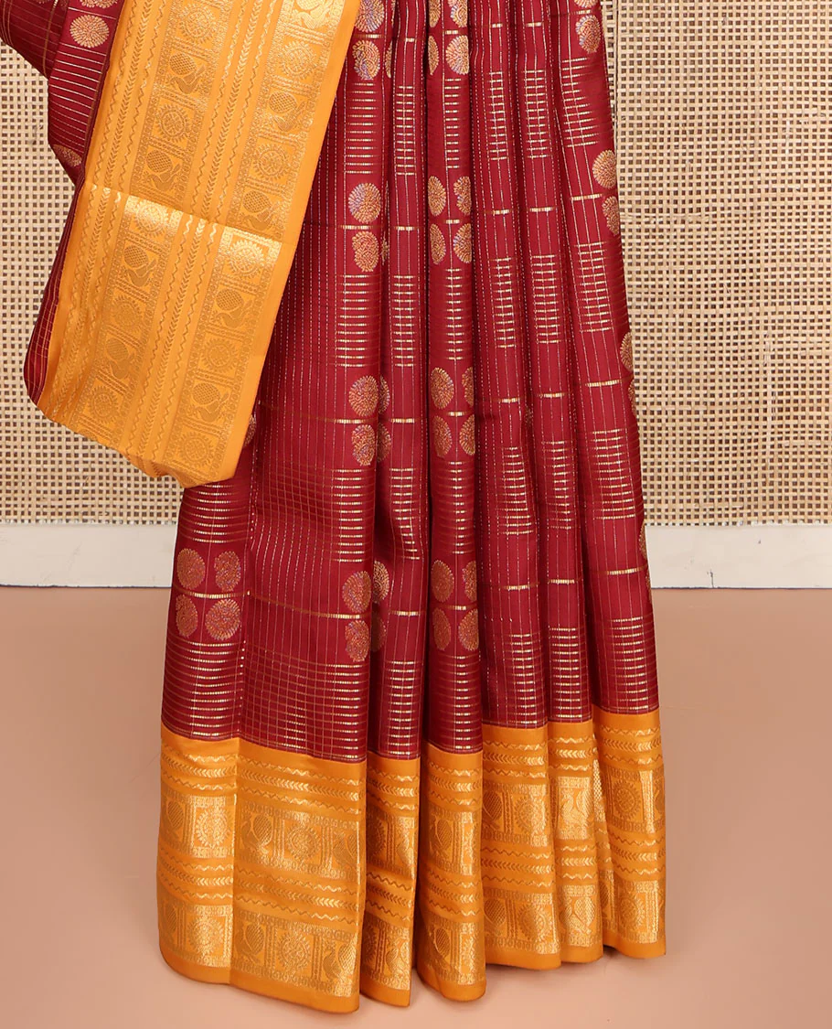 Orange Vasundhara Lite Silk Mix Saree, Majestically Detailed with Zari Butta Enclosed Checked Design on Its Body, Complemented by a Contrast Border of Neli, Kathir, Mayil, and Chakram Designs, Intricately Designed Pallu, and Paired with a Contrast Blouse - Image 4