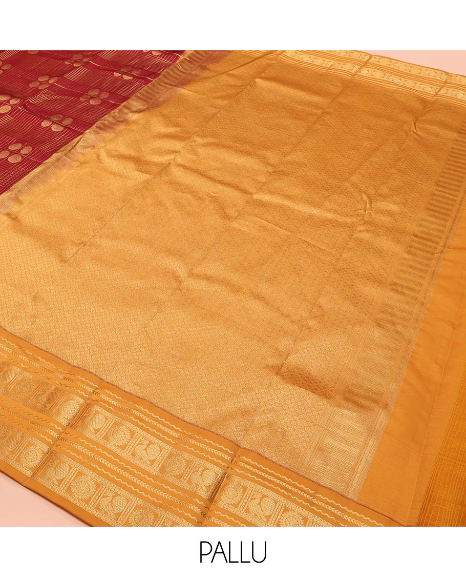 Orange Vasundhara Lite Silk Mix Saree, Majestically Detailed with Zari Butta Enclosed Checked Design on Its Body, Complemented by a Contrast Border of Neli, Kathir, Mayil, and Chakram Designs, Intricately Designed Pallu, and Paired with a Contrast Blouse - Image 5