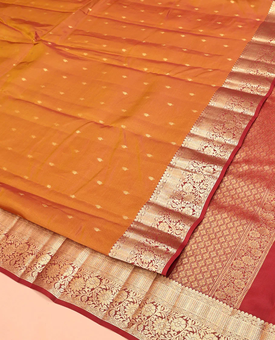 Orange Vasundhara Lite Silk Mix Saree, Richly Detailed with Zari Buttas All Over Its Body, Complemented by Contrast Border of Kodi Visiry Designs, Grand Jaal Pallu and Paired with a Contrast Blouse - Image 2