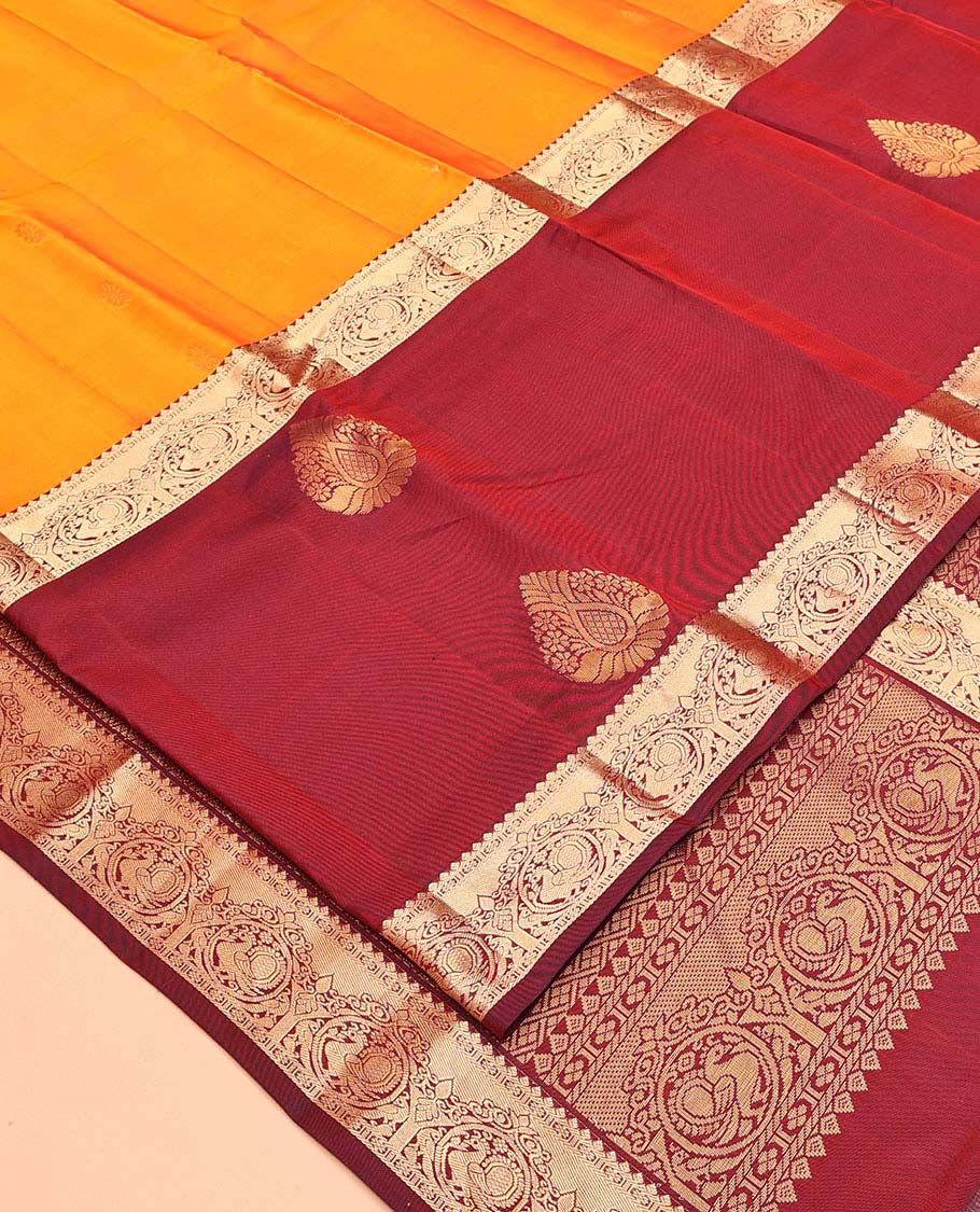 Orange Vasundhara Lite Silk Mix Saree, Subtly Sparkled with Zari Buttas All Over Its Body, Complemented by a Contrast Border of Thilakam, Kamalam, and Round Mayil Designs, Intricately Designed Pallu, and Paired with a Contrast Blouse - Image 2