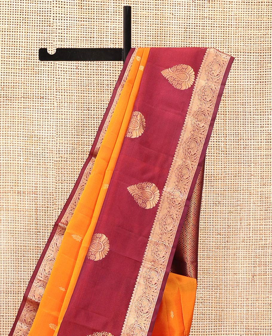 Orange Vasundhara Lite Silk Mix Saree, Subtly Sparkled with Zari Buttas All Over Its Body, Complemented by a Contrast Border of Thilakam, Kamalam, and Round Mayil Designs, Intricately Designed Pallu, and Paired with a Contrast Blouse - Image 3