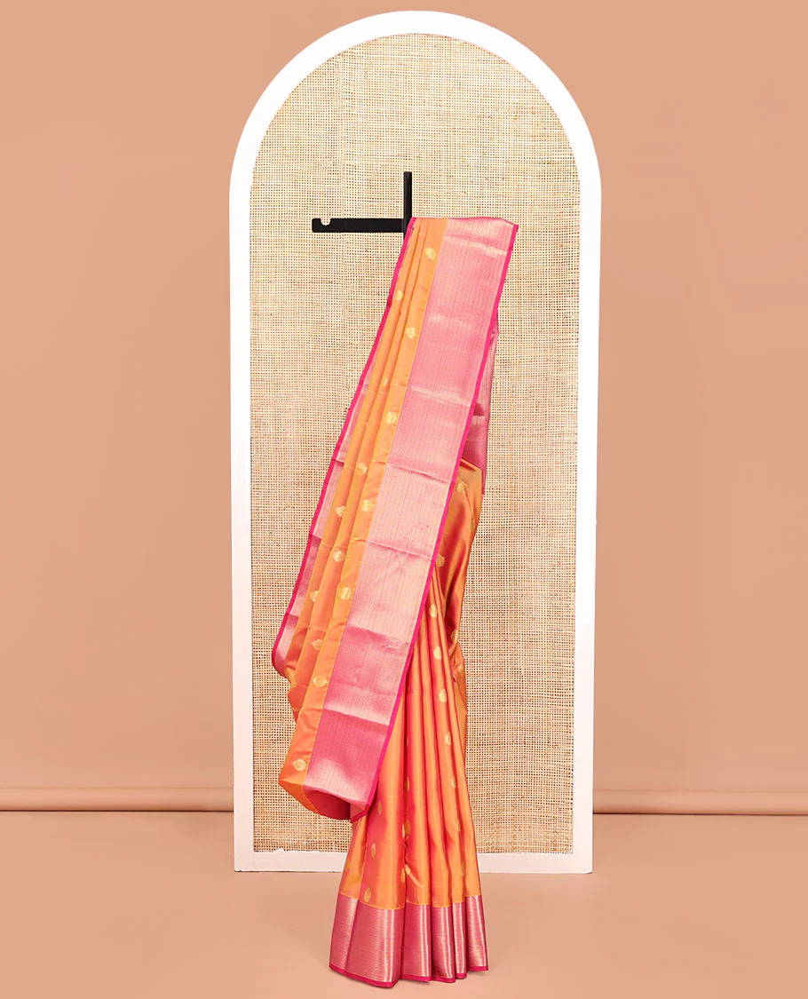 Orange Vasundhara Silk Mix Saree, Decked Up with Zari Buttas All Over Its Body, Complemented by Contrast Border of Muthu and Kathir Designs, Geometric Patterned Pallu and Paired with a Contrast Blouse
