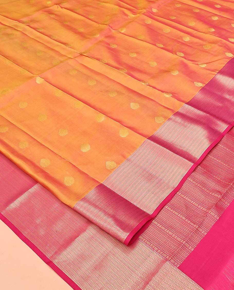 Orange Vasundhara Silk Mix Saree, Decked Up with Zari Buttas All Over Its Body, Complemented by Contrast Border of Muthu and Kathir Designs, Geometric Patterned Pallu and Paired with a Contrast Blouse - Image 2