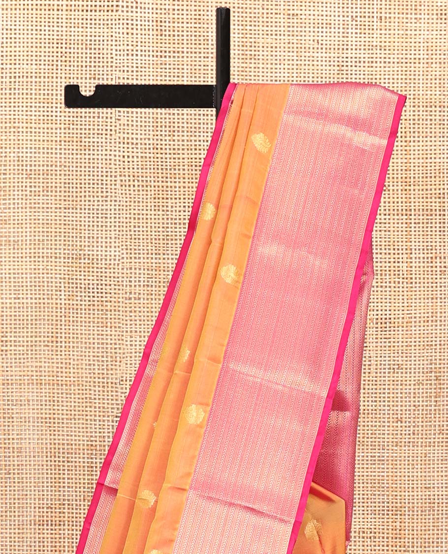Orange Vasundhara Silk Mix Saree, Decked Up with Zari Buttas All Over Its Body, Complemented by Contrast Border of Muthu and Kathir Designs, Geometric Patterned Pallu and Paired with a Contrast Blouse - Image 3