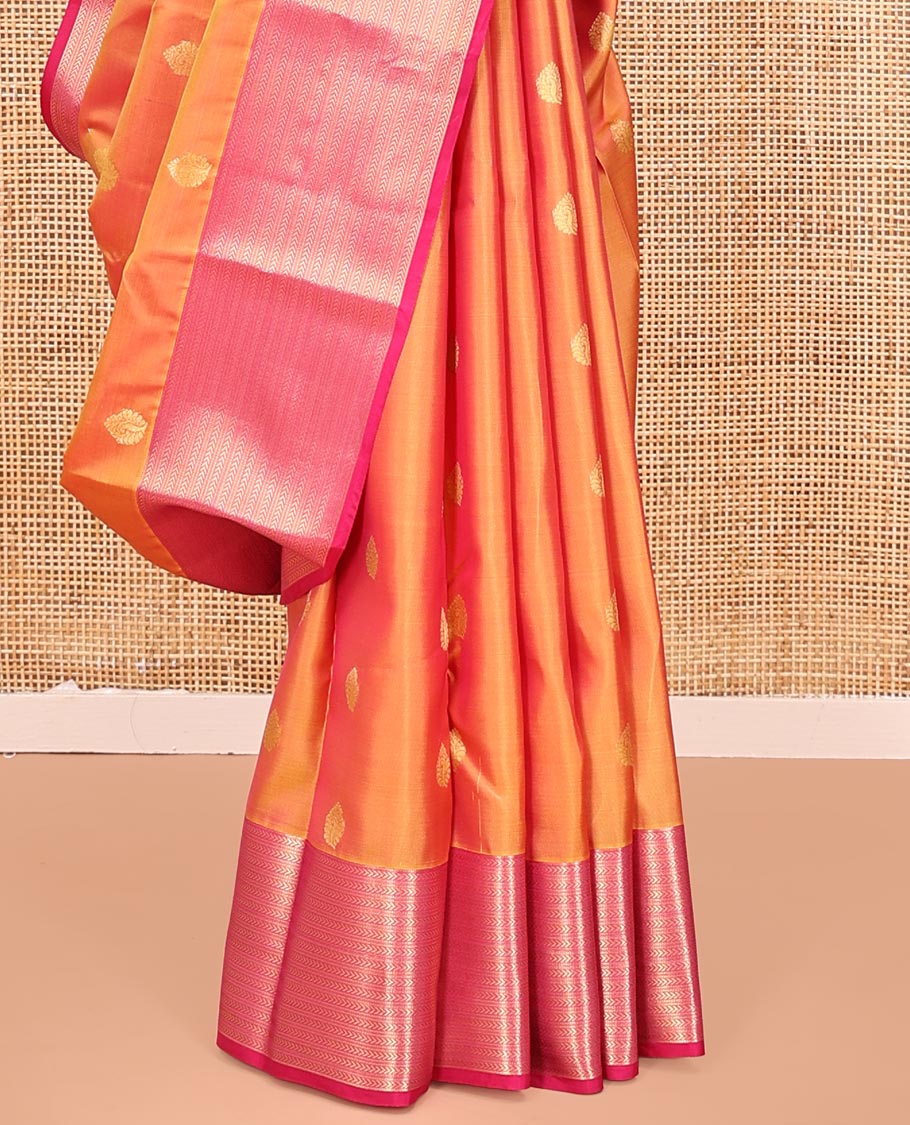 Orange Vasundhara Silk Mix Saree, Decked Up with Zari Buttas All Over Its Body, Complemented by Contrast Border of Muthu and Kathir Designs, Geometric Patterned Pallu and Paired with a Contrast Blouse - Image 4