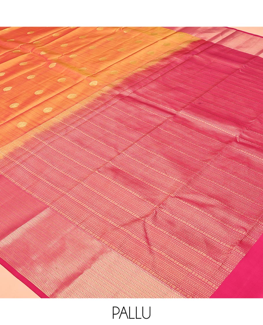 Orange Vasundhara Silk Mix Saree, Decked Up with Zari Buttas All Over Its Body, Complemented by Contrast Border of Muthu and Kathir Designs, Geometric Patterned Pallu and Paired with a Contrast Blouse - Image 5