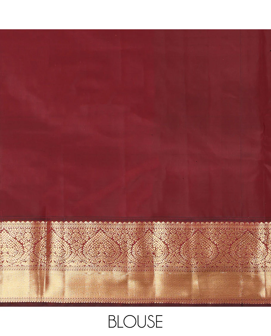 Orange Vasundhara Silk Saree, Adorned with Zari Buttas on Its Body, Complemented by a Contrast Border of Thilakam, Muthu, Kathir, and Jaga Nagam Designs, Grand Jaal Pallu, and Paired with a Contrast Blouse - Image 6