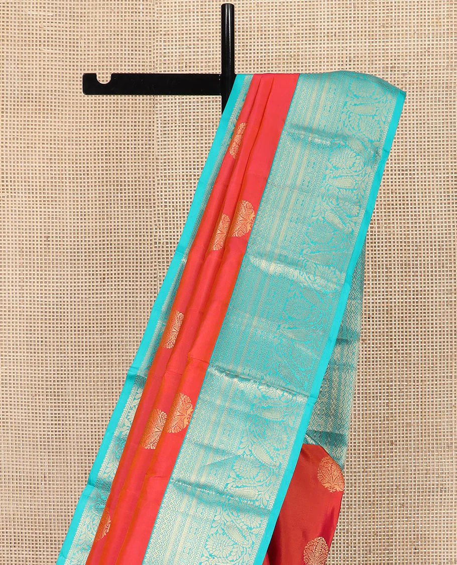 Orange Vasundhara Silk Saree Artfully Detailed with Zari Buttas, Complemented by a Contrast Border of Salngai, Neli, Kathir, and Floral-Paisley Designs, Zari-Rich Jaal Pallu, and Paired with a Contrast Zari-Bordered Blouse - Image 3