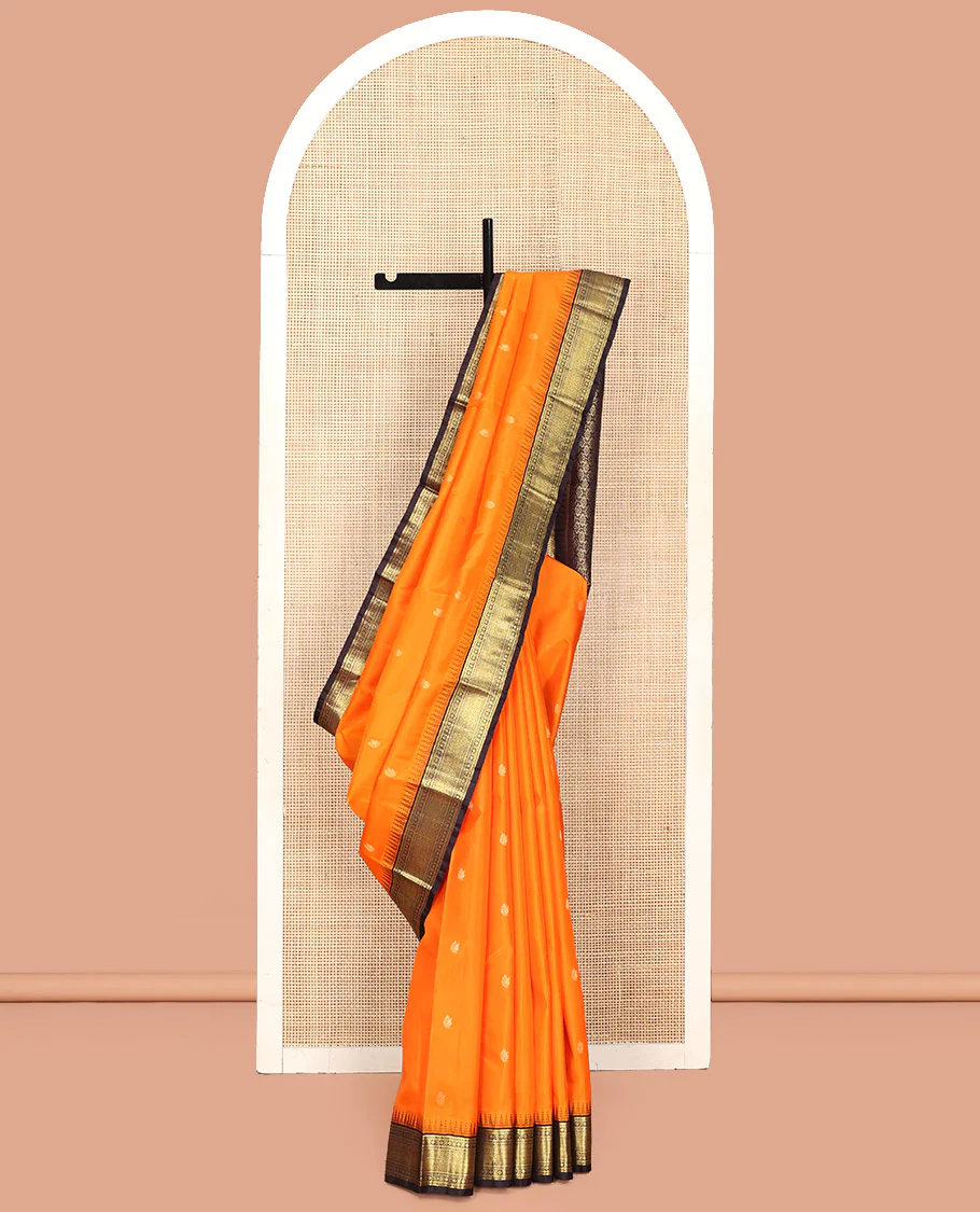 Orange Vasundhara Silk Saree, Artfully Woven with Mayil Buttas All Over Its Body, Complemented by Contrast Border Featuring Thazampoo Rekku, Muthu, Lavangam, and Mayil Kann Designs, a Grand Pallu of Jaal Designs, and Paired with a Contrast Blouse - Image 6
