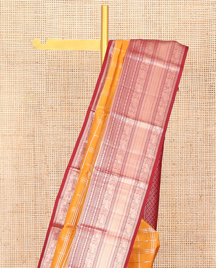 Orange Vasundhara Silk Saree Elevated with Zari Checks All Over Its Body, Complemented by a Contrast Border of Manga, Rudraksham, Yaali, Neli, and Muthu Designs, Zari Rich Jaal Pallu, and Paired with a Contrast Blouse - Image 2