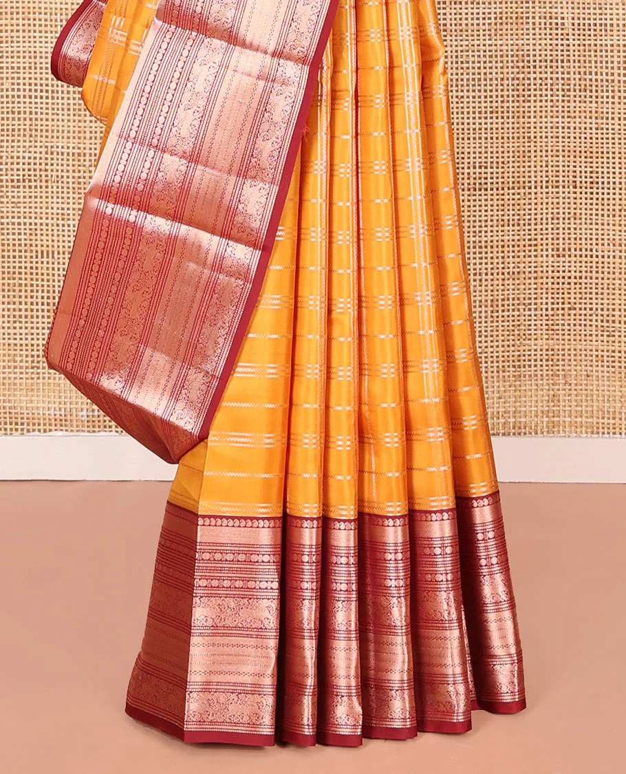 Orange Vasundhara Silk Saree Elevated with Zari Checks All Over Its Body, Complemented by a Contrast Border of Manga, Rudraksham, Yaali, Neli, and Muthu Designs, Zari Rich Jaal Pallu, and Paired with a Contrast Blouse - Image 4