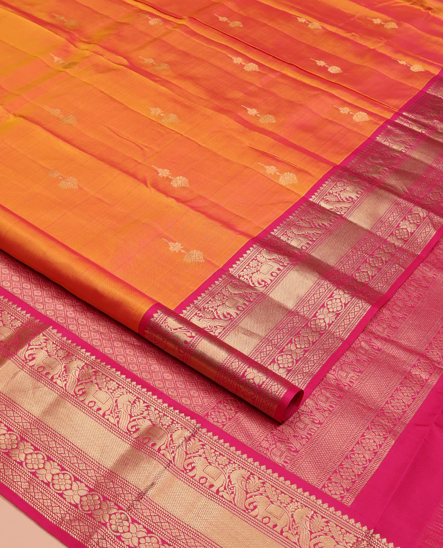 Orange Vasundhara Silk Saree, Entralled with Zari Buttas All Over Its Body, Complemented by Contrast Border of Mayil, Yaanai, Diamond and Floral Designs Grand Jaal Pallu and Paired with a Contrast - Image 2