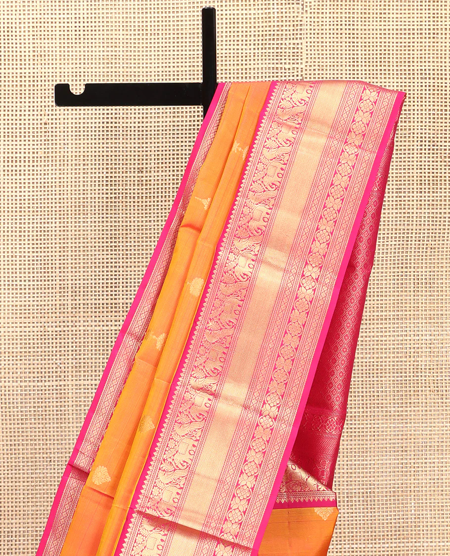 Orange Vasundhara Silk Saree, Entralled with Zari Buttas All Over Its Body, Complemented by Contrast Border of Mayil, Yaanai, Diamond and Floral Designs Grand Jaal Pallu and Paired with a Contrast - Image 3
