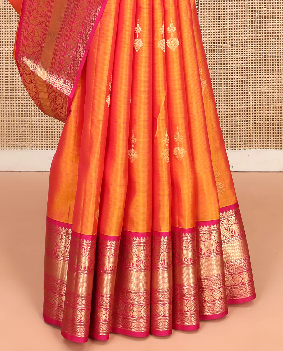 Orange Vasundhara Silk Saree, Entralled with Zari Buttas All Over Its Body, Complemented by Contrast Border of Mayil, Yaanai, Diamond and Floral Designs Grand Jaal Pallu and Paired with a Contrast - Image 4