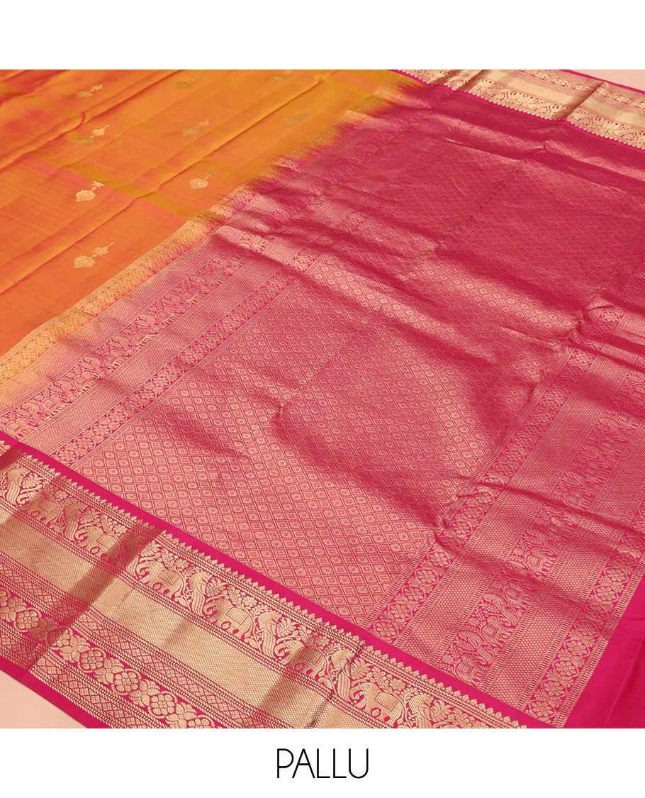 Orange Vasundhara Silk Saree, Entralled with Zari Buttas All Over Its Body, Complemented by Contrast Border of Mayil, Yaanai, Diamond and Floral Designs Grand Jaal Pallu and Paired with a Contrast - Image 5