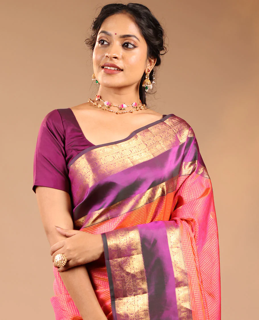 Orange Vasundhara Silk Saree Featuring Zari Checks and Annam Chakram Buttas, Complemented by a Contrast Rettai Pettu Border with Muthu, Yaali, and Kodi Visiry Designs, a Jaal Pallu, and a Contrast Zari-Bordered Blouse - Image 3