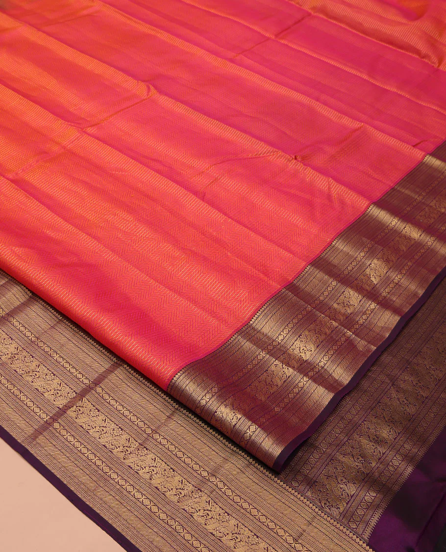 Orange Vasundhara Silk Saree, Gleamed Up with Stripes All Over Its Body, Complemented by a Contrast Border of Thilakam Mokku, Kathir, Vanki, Laddu Kamalam, and Mayil Designs, Intricately Designed Pallu, and Paired with a Contrast Blouse - Image 2