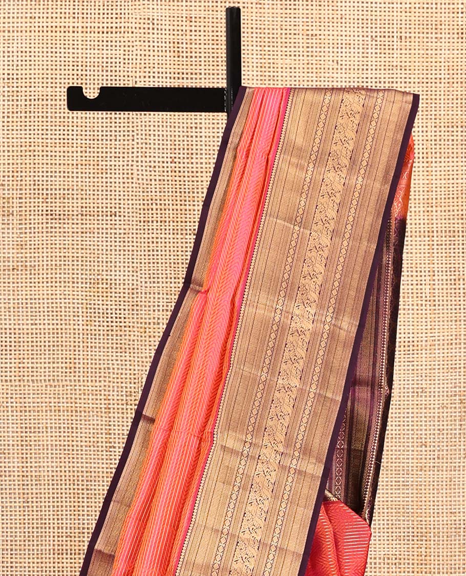 Orange Vasundhara Silk Saree, Gleamed Up with Stripes All Over Its Body, Complemented by a Contrast Border of Thilakam Mokku, Kathir, Vanki, Laddu Kamalam, and Mayil Designs, Intricately Designed Pallu, and Paired with a Contrast Blouse - Image 3