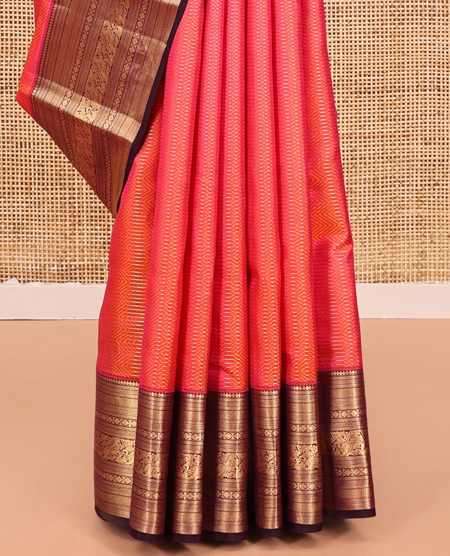 Orange Vasundhara Silk Saree, Gleamed Up with Stripes All Over Its Body, Complemented by a Contrast Border of Thilakam Mokku, Kathir, Vanki, Laddu Kamalam, and Mayil Designs, Intricately Designed Pallu, and Paired with a Contrast Blouse - Image 4