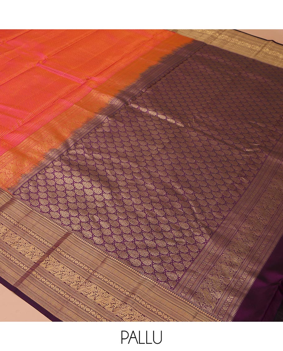 Orange Vasundhara Silk Saree, Gleamed Up with Stripes All Over Its Body, Complemented by a Contrast Border of Thilakam Mokku, Kathir, Vanki, Laddu Kamalam, and Mayil Designs, Intricately Designed Pallu, and Paired with a Contrast Blouse - Image 5