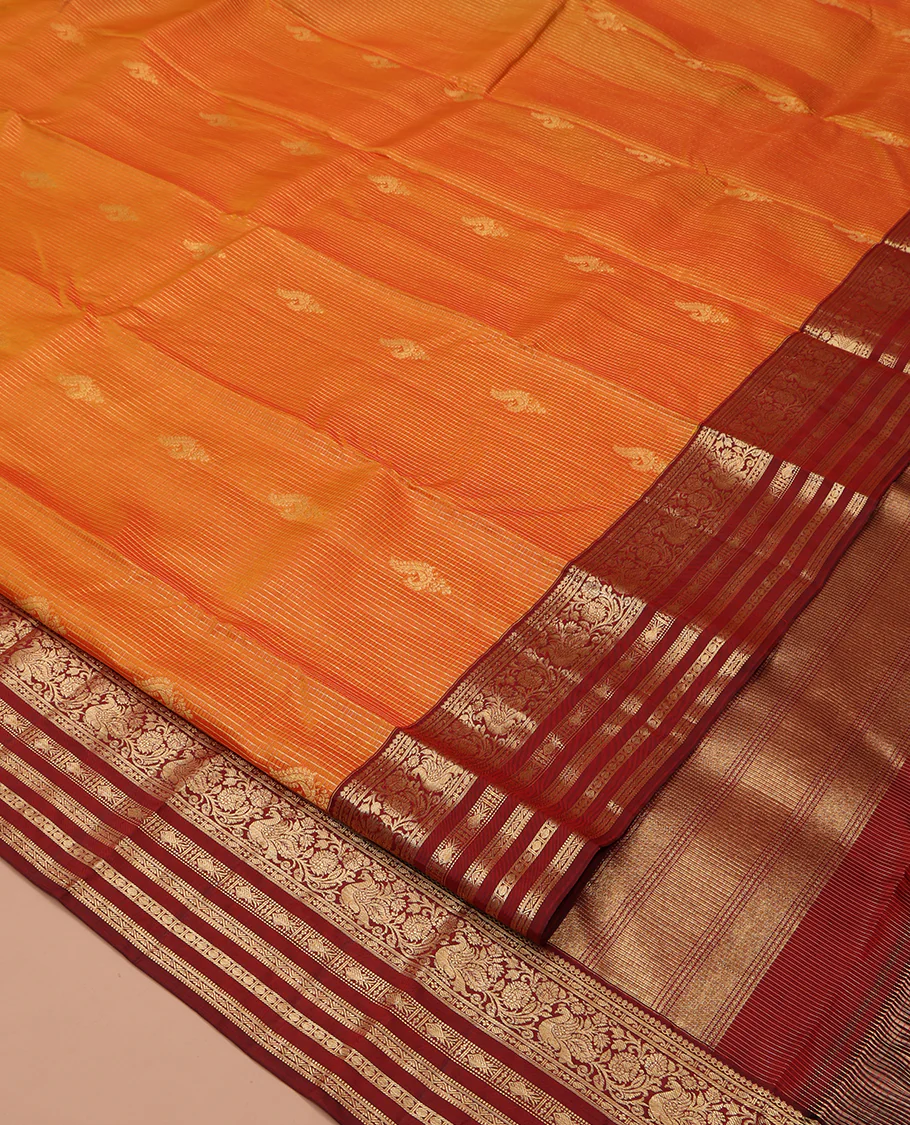 Orange Vasundhara Silk Saree, Masterfully Woven with Zari Buttas and Checks All Over Its Body, Complemented by a Contrast Border of Thilakam Mokku, Manga, Mayil, and Meen Designs, Grand Pallu, and Paired with a Contrast Blouse - Image 2