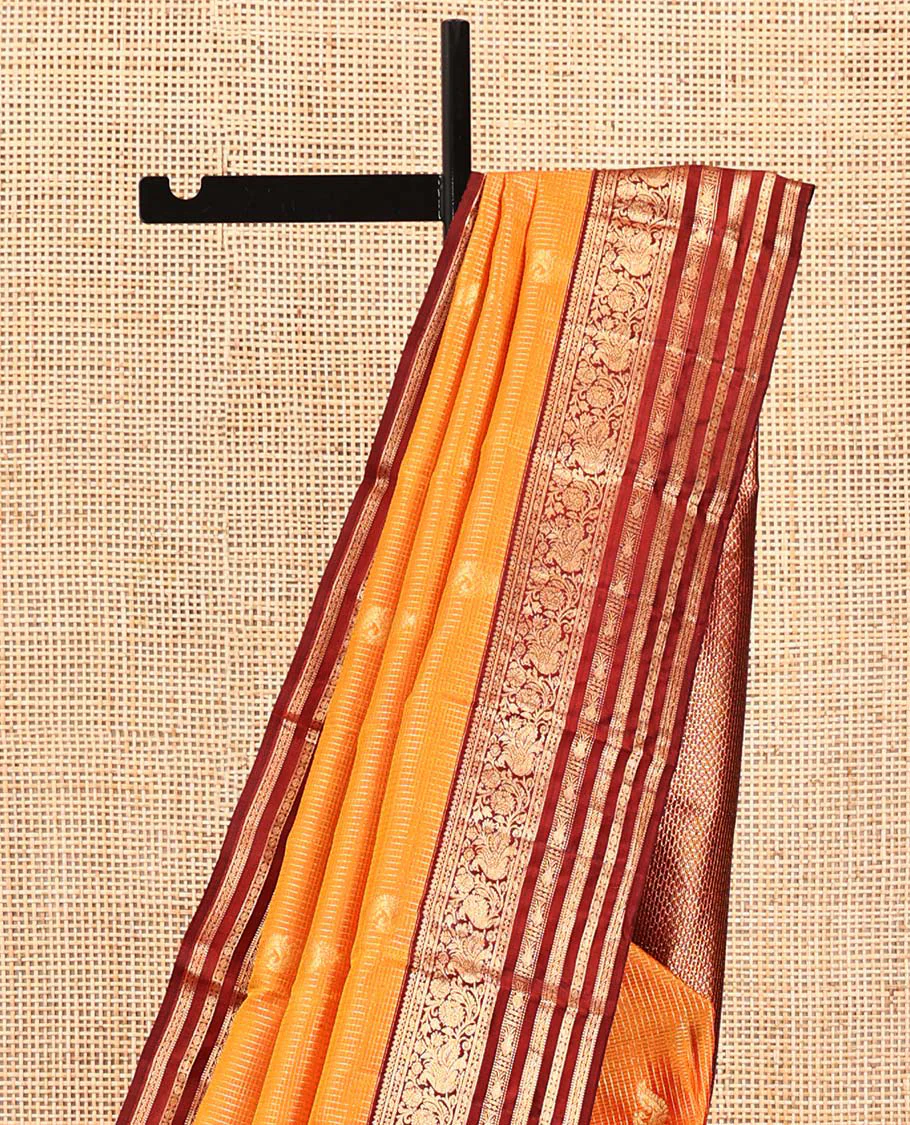 Orange Vasundhara Silk Saree, Masterfully Woven with Zari Buttas and Checks All Over Its Body, Complemented by a Contrast Border of Thilakam Mokku, Manga, Mayil, and Meen Designs, Grand Pallu, and Paired with a Contrast Blouse - Image 3