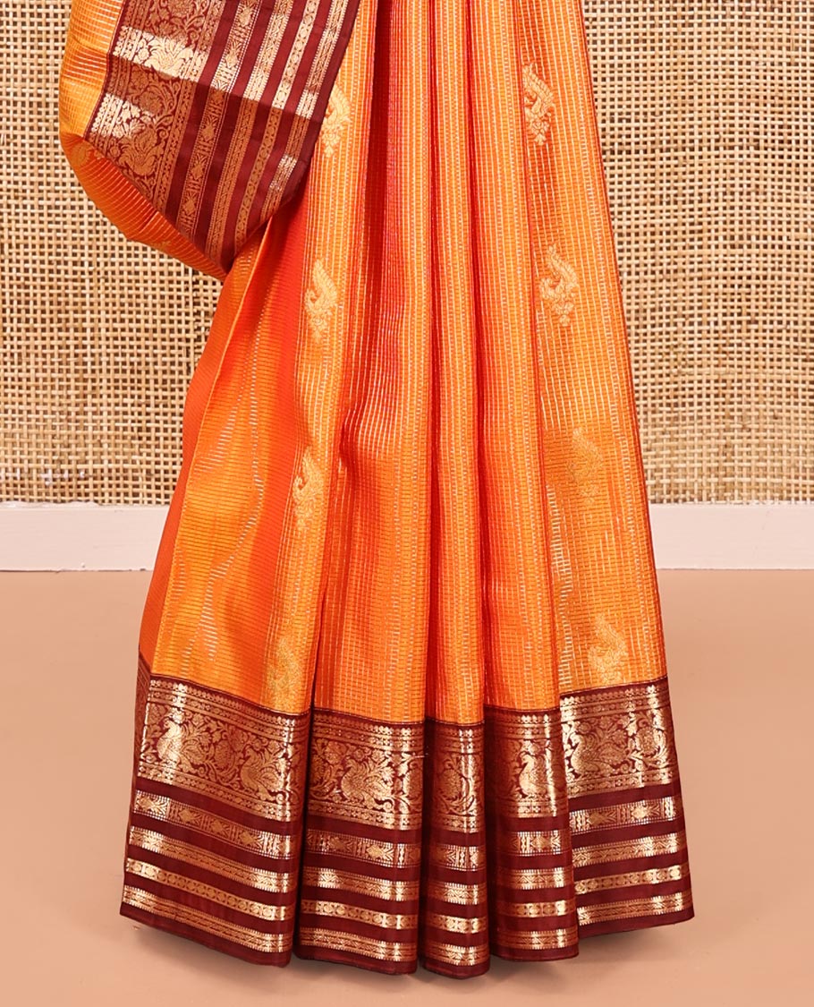 Orange Vasundhara Silk Saree, Masterfully Woven with Zari Buttas and Checks All Over Its Body, Complemented by a Contrast Border of Thilakam Mokku, Manga, Mayil, and Meen Designs, Grand Pallu, and Paired with a Contrast Blouse - Image 4