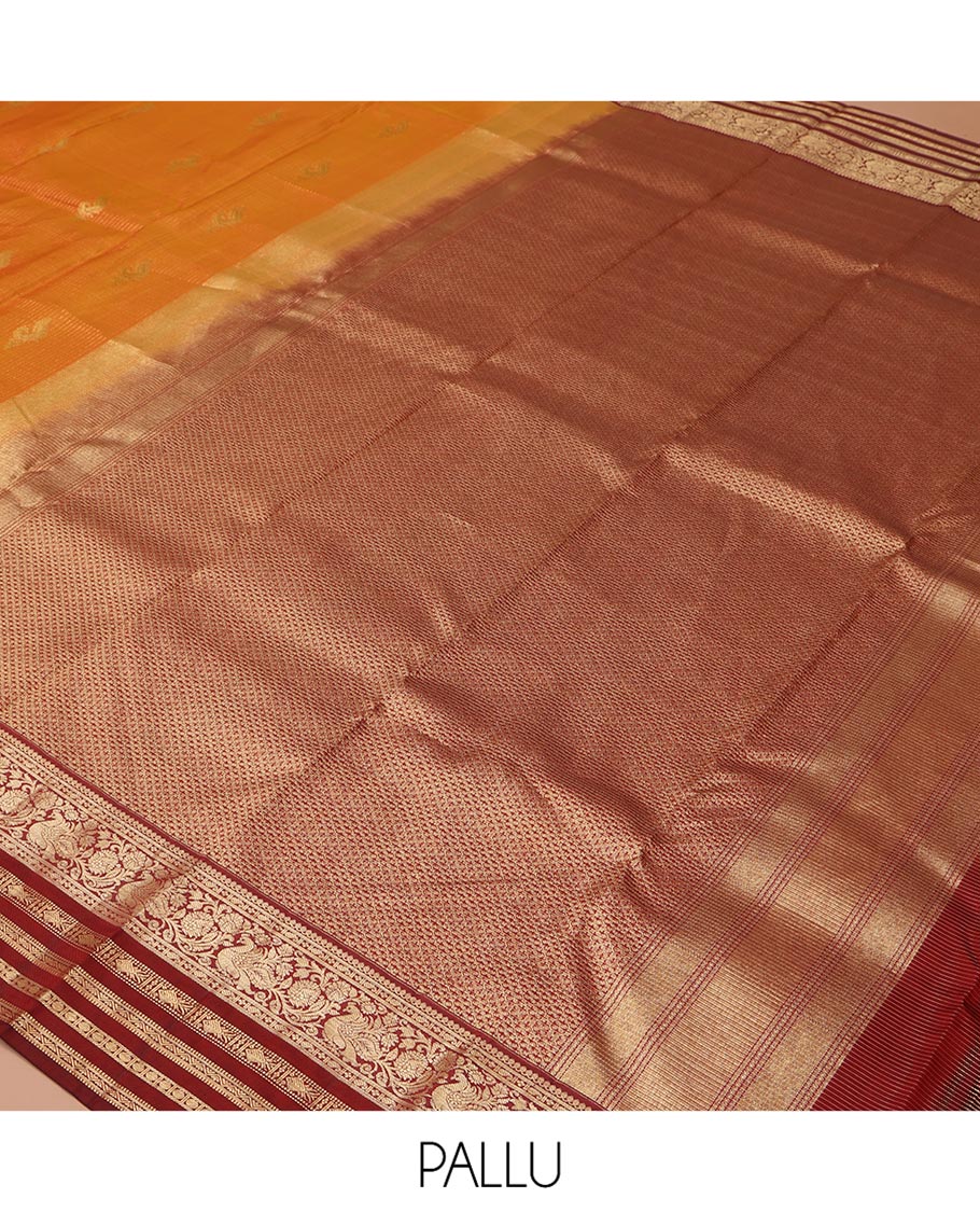 Orange Vasundhara Silk Saree, Masterfully Woven with Zari Buttas and Checks All Over Its Body, Complemented by a Contrast Border of Thilakam Mokku, Manga, Mayil, and Meen Designs, Grand Pallu, and Paired with a Contrast Blouse - Image 5