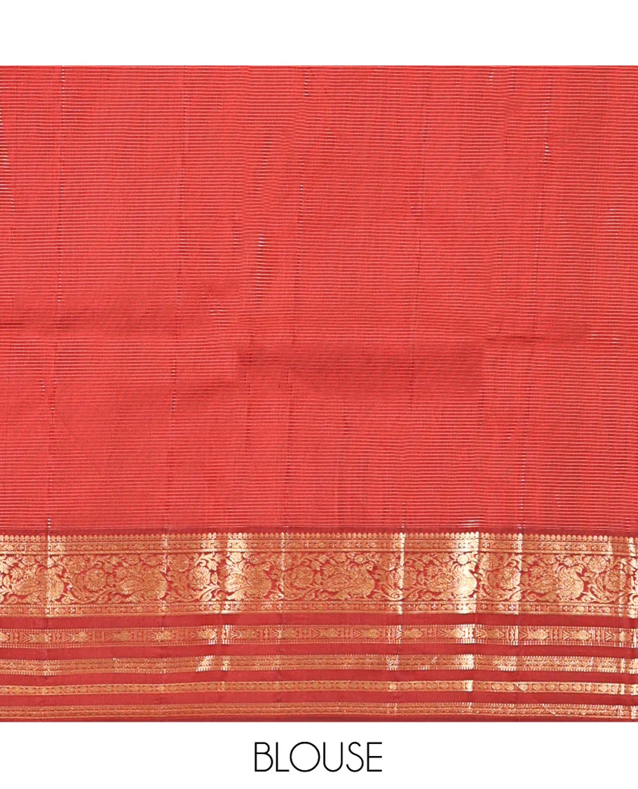 Orange Vasundhara Silk Saree, Masterfully Woven with Zari Buttas and Checks All Over Its Body, Complemented by a Contrast Border of Thilakam Mokku, Manga, Mayil, and Meen Designs, Grand Pallu, and Paired with a Contrast Blouse - Image 6