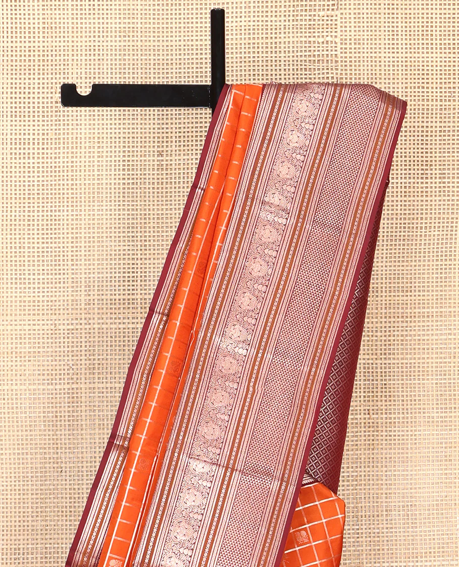 Orange Vasundhara Silk Saree, Meticulously Crafted with Zari Butta Enclosed Checks, Complemented by Contrast Border of Thilakam Mokku, Rettai Neli, Iruthalai Pakshi, and Ara Maadam Designs, Grand Jaal Pallu and Paired with a Contrast Blouse - Image 3