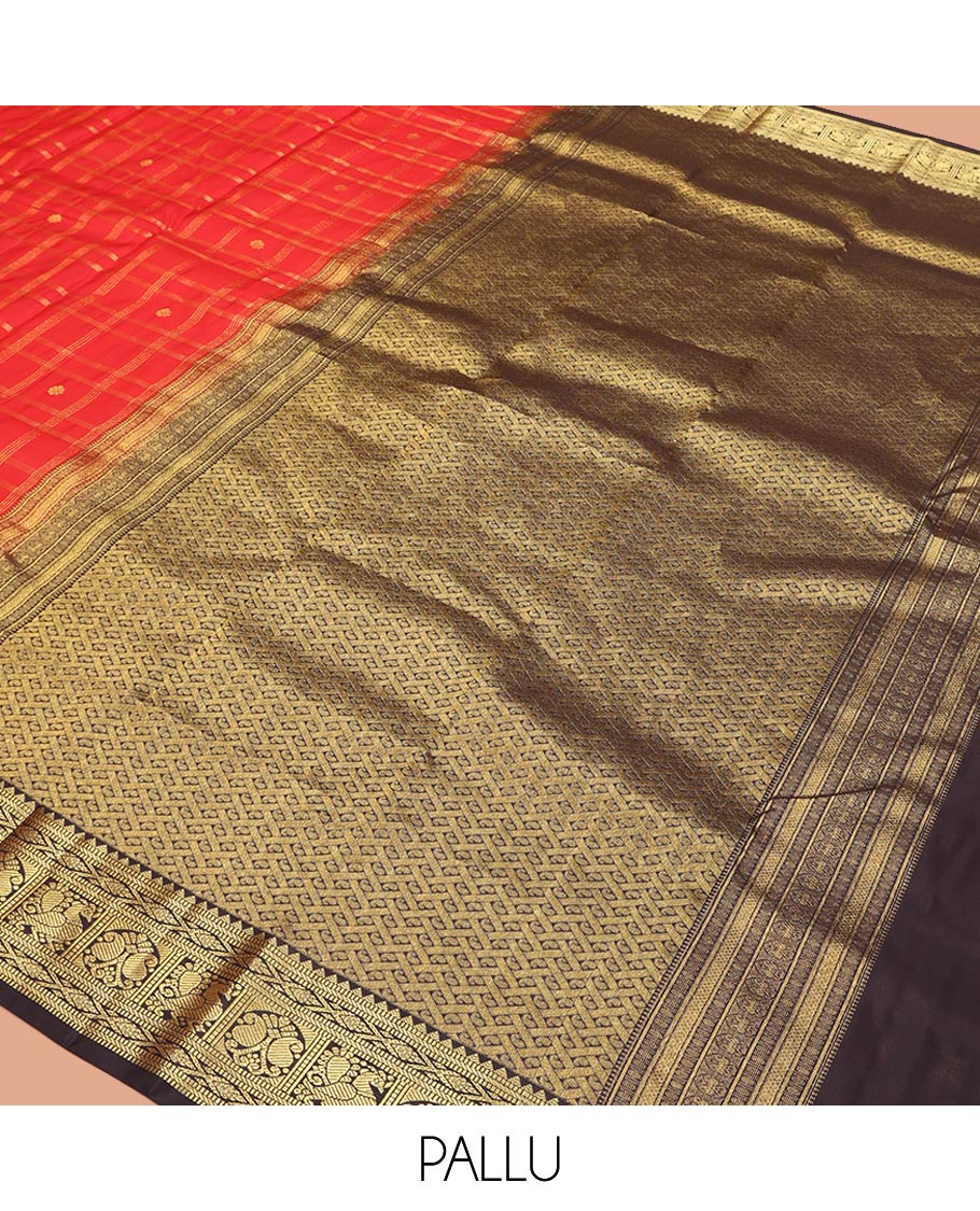 Orange Vasundhara Silk Saree, Richly Detailed with Zari Butta Enclosed Checks All Over Its Body, Complemented by a Contrast Border of Rekku, Muthu, Banaras, Mayil, and Manga Designs, Grand Pallu, and Paired with a Contrast Blouse - Image 5