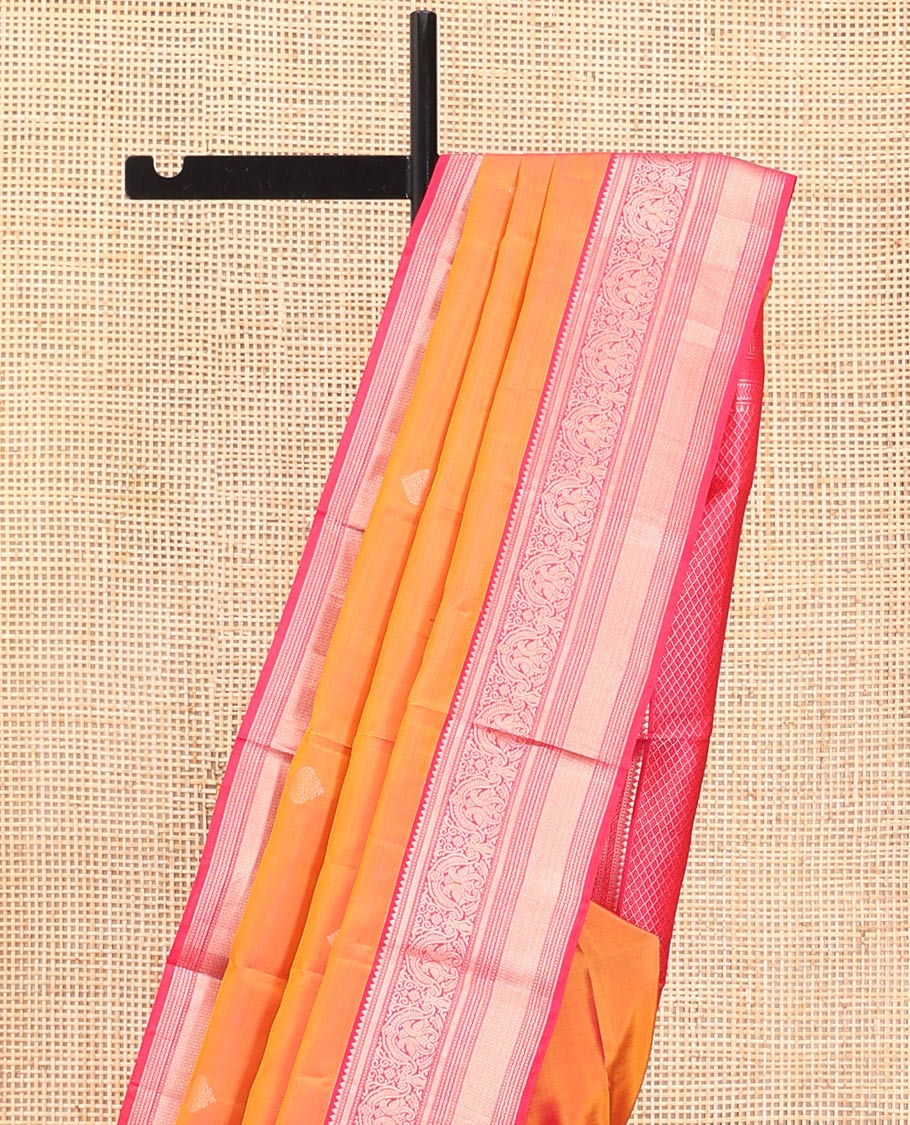Orange Vasundhara Silk Saree, Sparsely Sparkled with Zari Buttas All Over Its Body, Complemented by a Contrast Border of Rekku, Muthu, Kili, Banaras, Neli, and Mayil Kann Designs, Grand Pallu, and Paired with a Contrast Blouse - Image 3