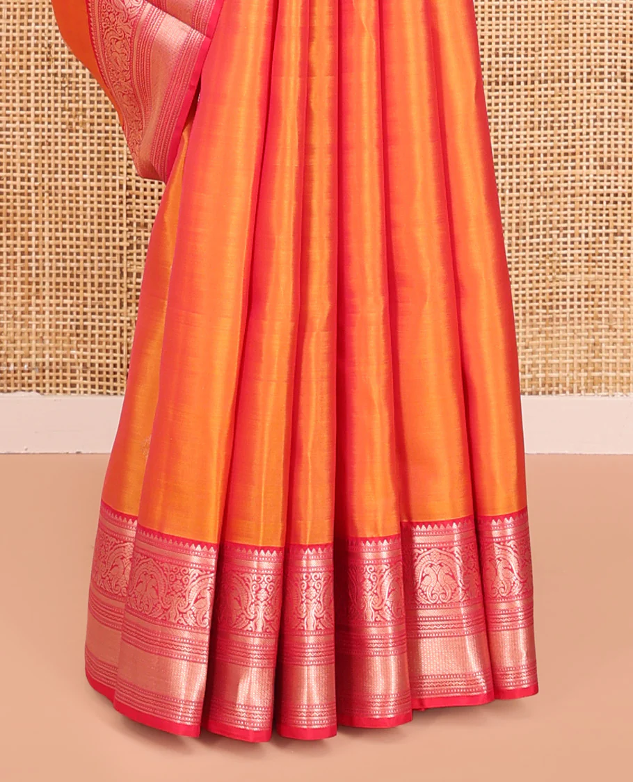 Orange Vasundhara Silk Saree, Sparsely Sparkled with Zari Buttas All Over Its Body, Complemented by a Contrast Border of Rekku, Muthu, Kili, Banaras, Neli, and Mayil Kann Designs, Grand Pallu, and Paired with a Contrast Blouse - Image 4