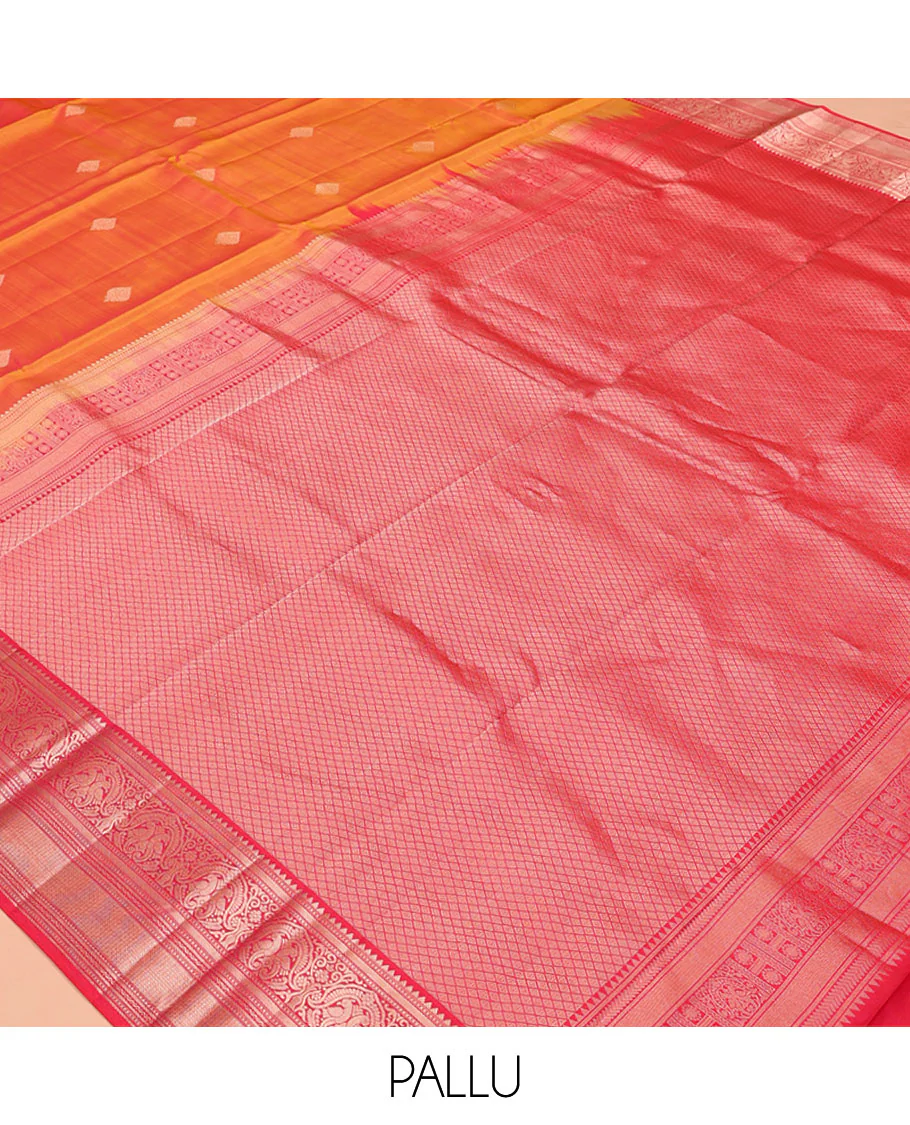 Orange Vasundhara Silk Saree, Sparsely Sparkled with Zari Buttas All Over Its Body, Complemented by a Contrast Border of Rekku, Muthu, Kili, Banaras, Neli, and Mayil Kann Designs, Grand Pallu, and Paired with a Contrast Blouse - Image 5