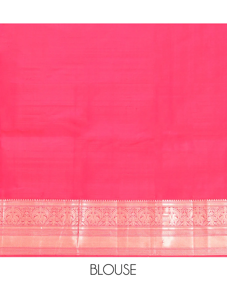 Orange Vasundhara Silk Saree, Sparsely Sparkled with Zari Buttas All Over Its Body, Complemented by a Contrast Border of Rekku, Muthu, Kili, Banaras, Neli, and Mayil Kann Designs, Grand Pallu, and Paired with a Contrast Blouse - Image 6