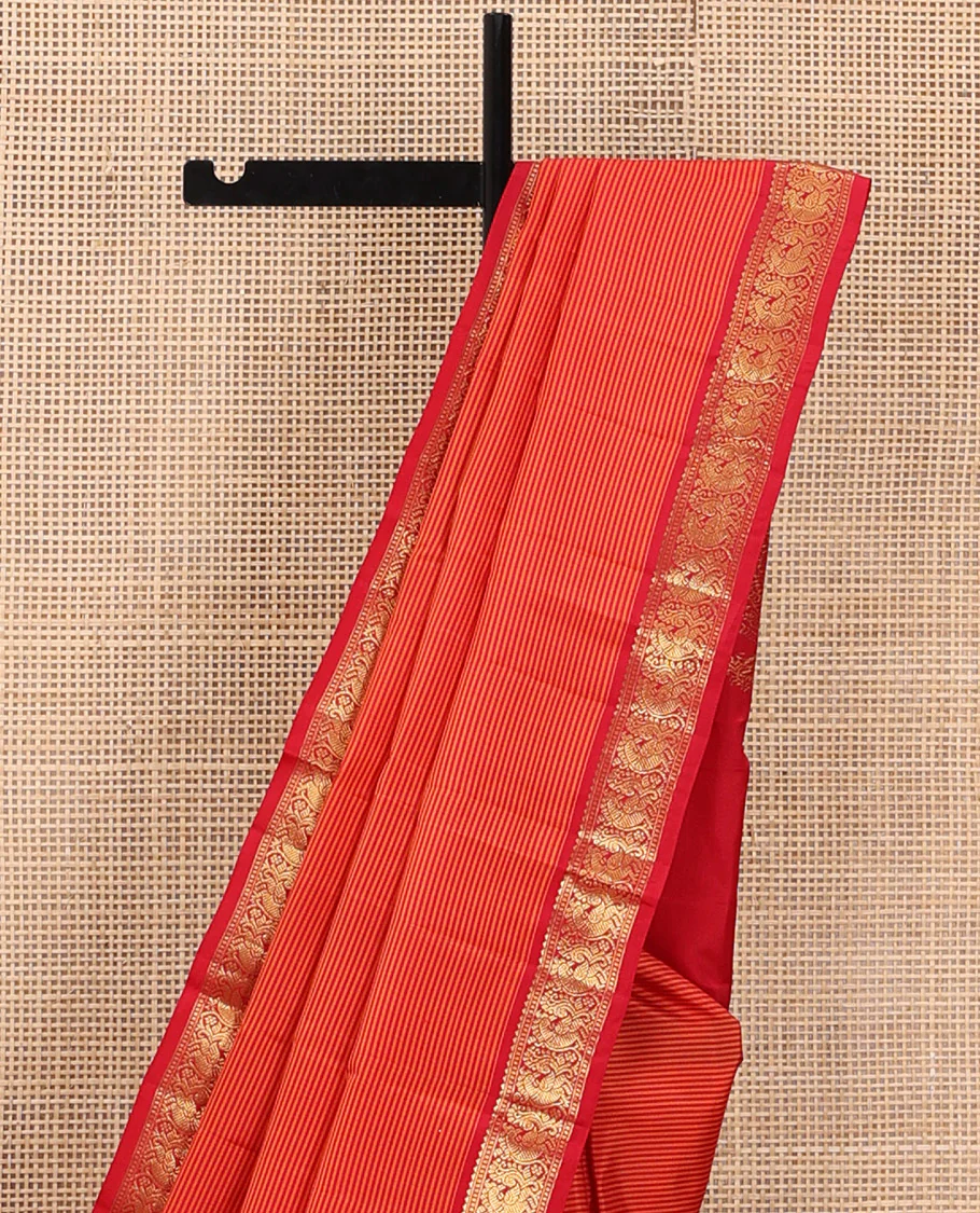 Orange Vazhaipoo Striped Kanchipuram Silk Saree, Complemented by a Contrast Border Featuring Rekku, Muthu, and Mayil Designs, Sparsely Zari Woven Pallu, and Paired with a Contrast Blouse - Image 3