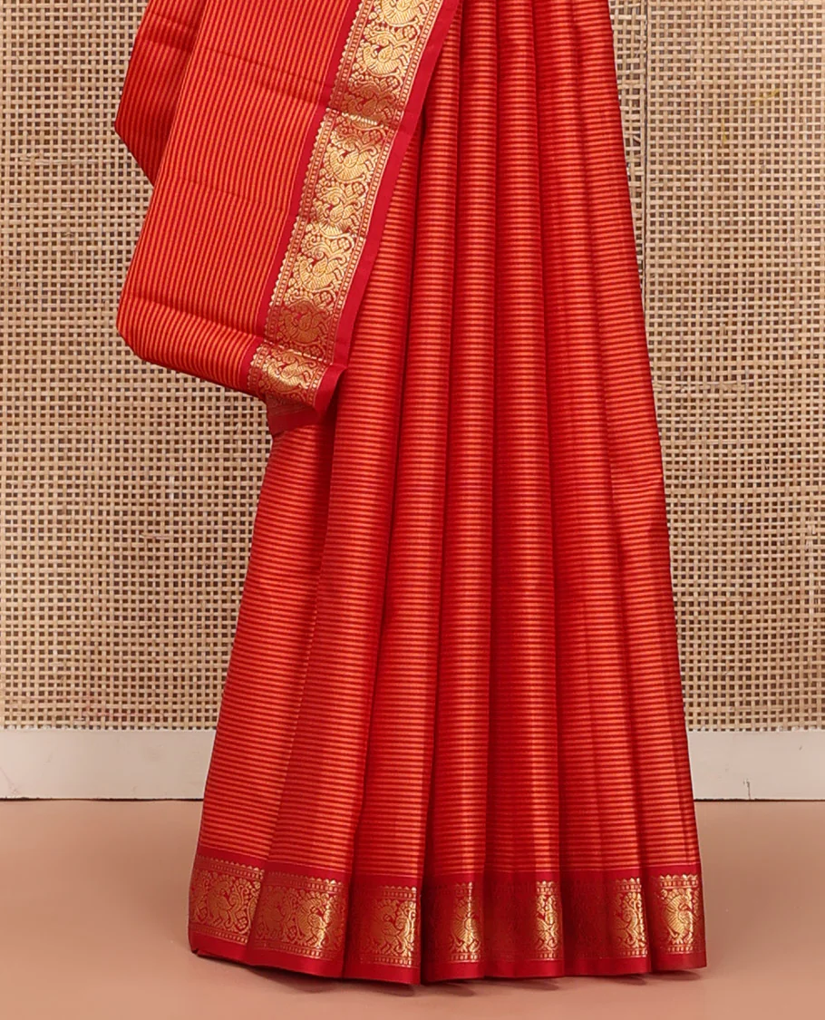 Orange Vazhaipoo Striped Kanchipuram Silk Saree, Complemented by a Contrast Border Featuring Rekku, Muthu, and Mayil Designs, Sparsely Zari Woven Pallu, and Paired with a Contrast Blouse - Image 4