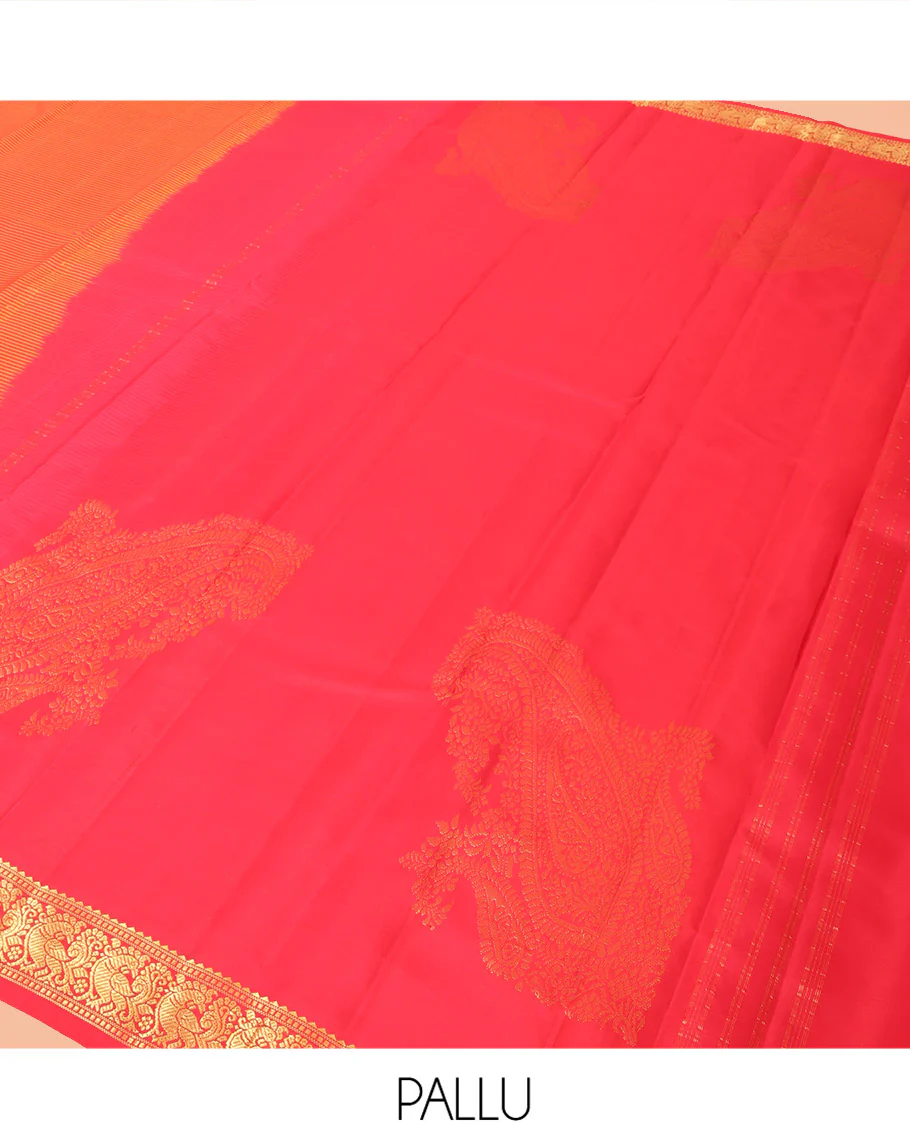 Orange Vazhaipoo Striped Kanchipuram Silk Saree, Complemented by a Contrast Border Featuring Rekku, Muthu, and Mayil Designs, Sparsely Zari Woven Pallu, and Paired with a Contrast Blouse - Image 5