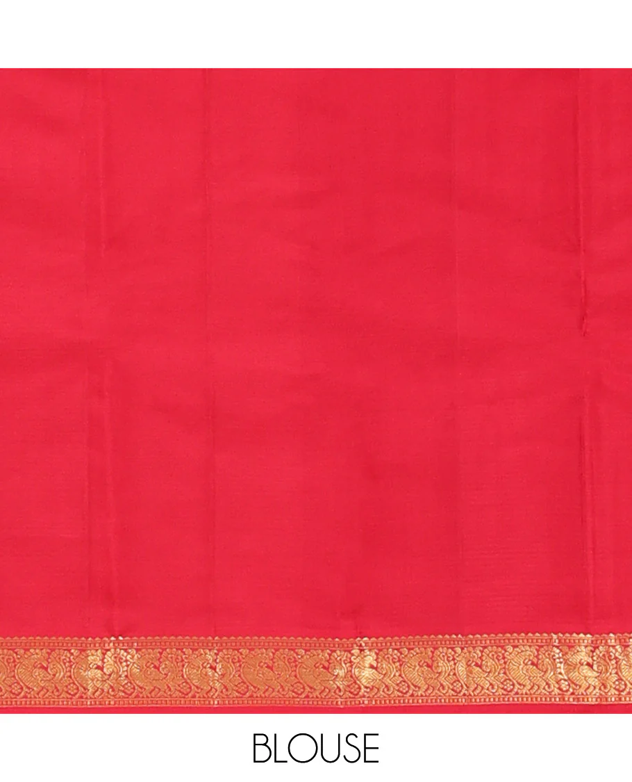 Orange Vazhaipoo Striped Kanchipuram Silk Saree, Complemented by a Contrast Border Featuring Rekku, Muthu, and Mayil Designs, Sparsely Zari Woven Pallu, and Paired with a Contrast Blouse - Image 6